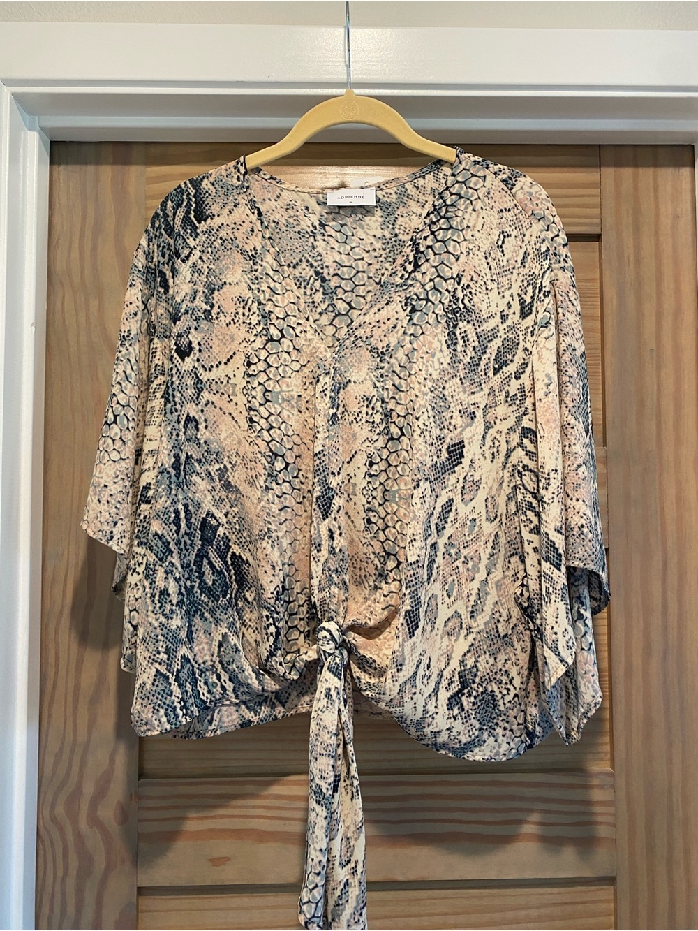 Adrienne Beige and Black Snake-Print Tie-Front Blouse